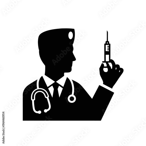 Professional doctor silhouette holding a medical syringe for vaccination and wearing a stethoscope on a white background