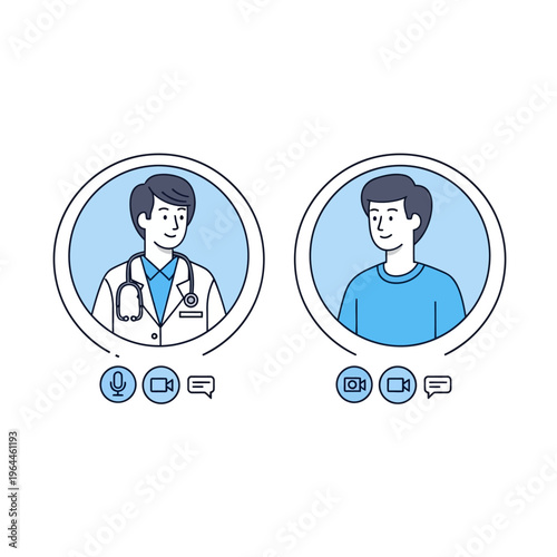 Telemedicine concept illustration showing a doctor and patient communicating via online video call interface with icons.