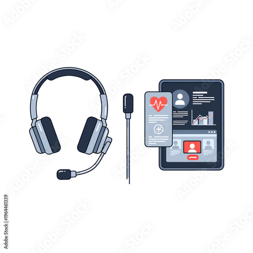 Professional telehealth appointment concept featuring a headset and digital tablet with medical charts and video call interface for remote patient care.