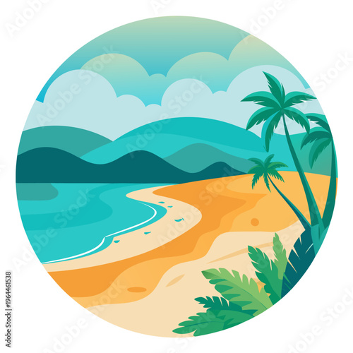 Tropical Beach Paradise with Sandy Shore and Palm Trees in Circular Frame Illustration