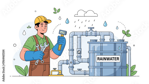 Sustainable Solutions: A skilled worker meticulously inspects and maintains a rainwater harvesting system, showcasing environmental responsibility and promoting a green, eco-friendly approach.