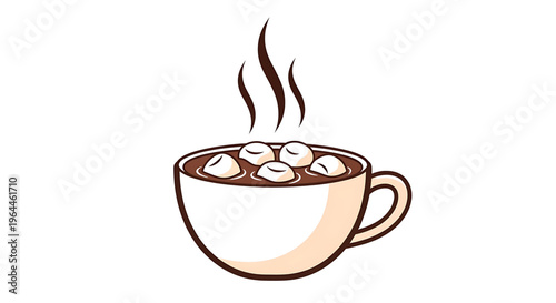 A vector graphic illustration of a steaming cup of hot chocolate with marshmallows