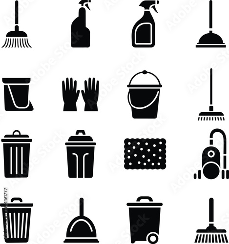 Cleaning tools and equipment icons for household chores and maintenance tasks