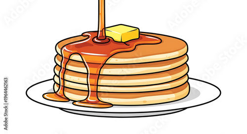 A delicious stack of pancakes with syrup and butter on a plate, perfect for breakfast or brunch