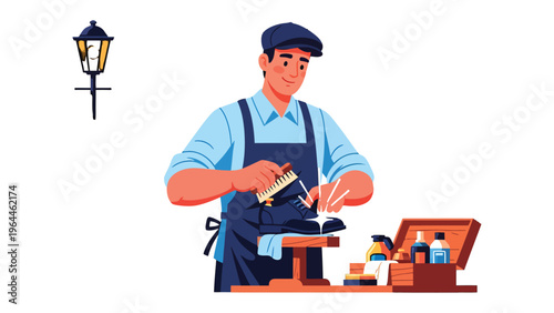 Crafting Tradition: A shoemaker meticulously polishes a shoe in his workshop. The scene captures the dedication and skill of a craftsperson, preserving a time-honored tradition.