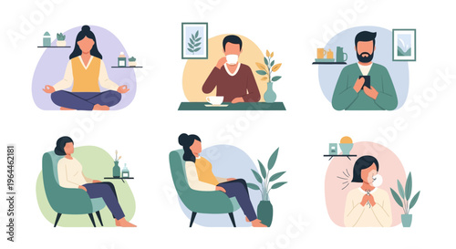 People engaging in various self-care and relaxation activities at home.