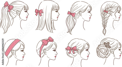 Hand drawn hairstyle collection illustration featuring eight women's profiles with pink bows headbands braids and elegant bun updos.