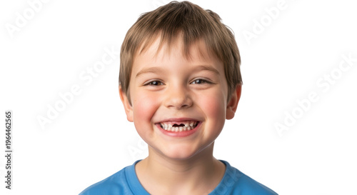 Joyful Young Boy Smiling with Missing Front Teeth in Bright Shirt