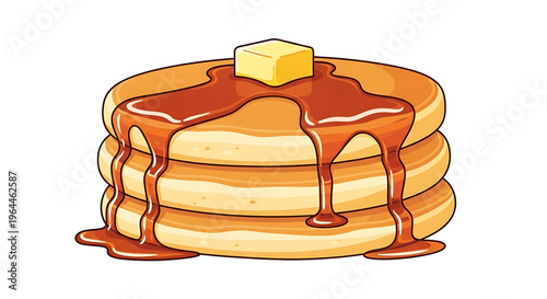 A delicious stack of pancakes with syrup and butter on top, perfect for breakfast or brunch