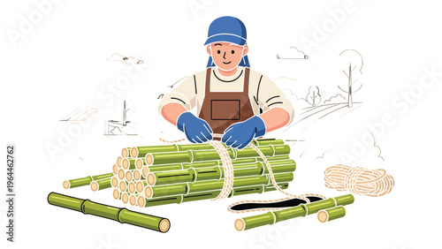 Crafting the Harvest: An artisan meticulously binds harvested stalks of a vital crop, a symbol of livelihood and sustainability. Representing dedication to the land and the fruits of labor.