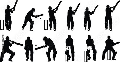 Set of cricket player silhouettes in action poses, professional batsman and wicketkeeper figures, athletic sports vector elements for match design and competition