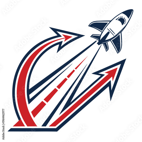 Rocket launch, arrows, upward movement, business growth concept, line art