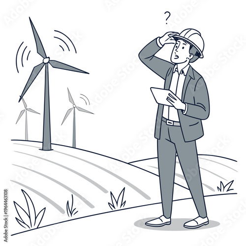 A man in a suit and hard hat looks at wind turbines with a questioning expression on his face while holding a tablet