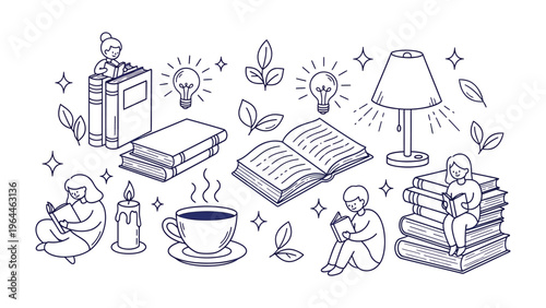 Reading Delight: Charming illustration depicts the joy of reading, featuring books, a cozy lamp, and reading time symbols. 