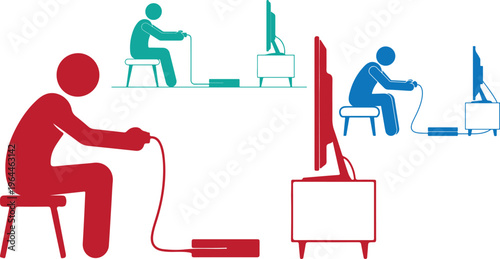 Video game player silhouette set, people playing console games on television, flat vector gamer icons in red and blue