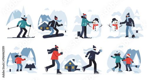 People enjoying various winter sports and activities in snowy landscapes.