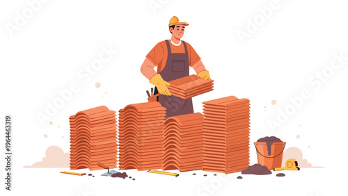 Craftsman's Construction: A skilled craftsman meticulously organizes construction tiles, working diligently on a new building project.