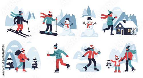 People enjoying various winter sports and activities in a snowy landscape.