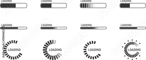 Minimalist loading bar icons set, black and white progress indicator vector collection, digital interface status bars for web and mobile apps