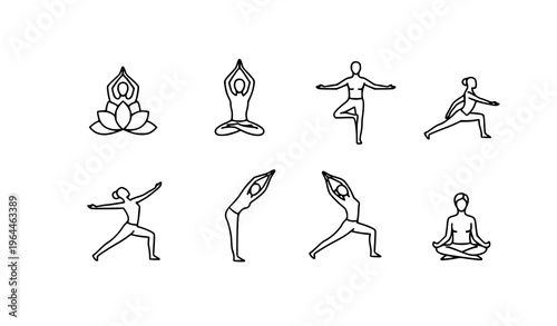 Minimal yoga poses line icon collection vector set