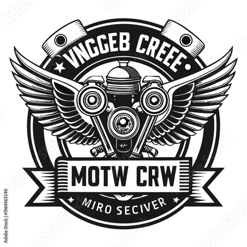 black and white motorcycle logo with wings and engine