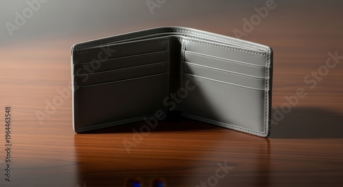 An empty gray leather bifold wallet with multiple card slots rests open on a wooden surface displaying its interior compartments and fine stitching with subtle lighting