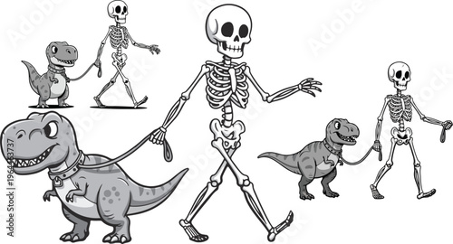 Funny skeleton walking a pet dinosaur vector set, humorous human anatomy and T-Rex character collection, monochrome cartoon bone illustrations