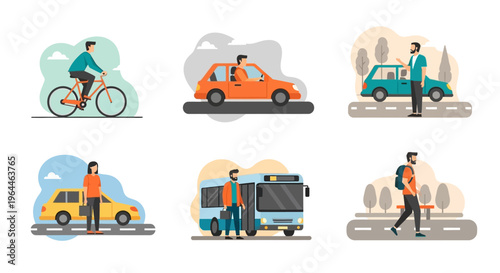 People using various modes of transportation in a modern urban setting.