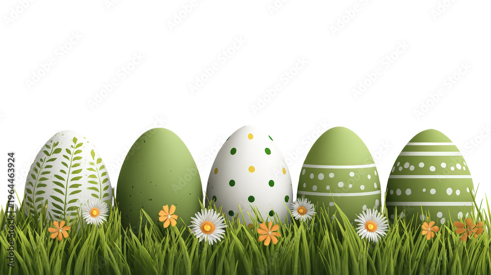 Fototapeta premium Green and white easter eggs with decorative patterns in fresh green grass with small flowers on transparent background.