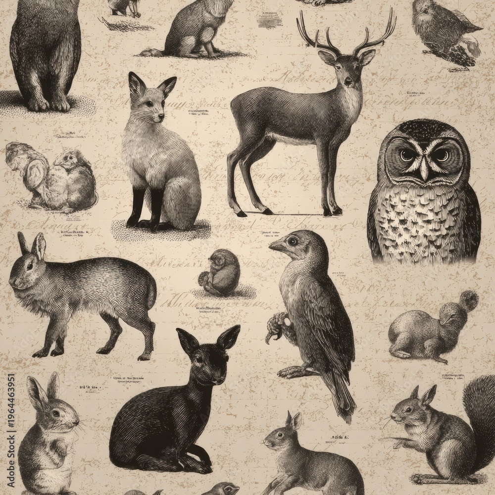 Fototapeta premium Seamless Vintage Animal Pattern Featuring Fox Rabbit Owl Deer and Squirrel Designs on Aged Cream Background in Naturalist Style