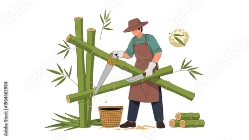 Artisan Crafting Bamboo: A skilled artisan meticulously cuts bamboo, embodying traditional craftsmanship and sustainable practices.