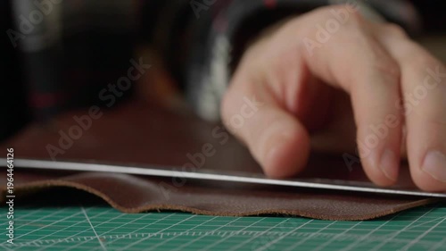 Close-up of a hand with a sharp leather cutting knife trimming or cutting a piece of natural brown leather. Fabrication technique.