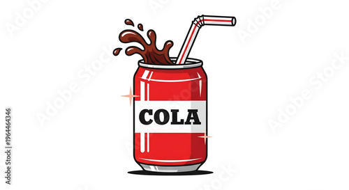 A colorful vector illustration of a cola can with a straw and splash