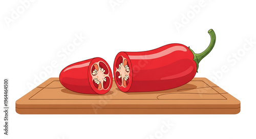 A vibrant red chili pepper cut in half on a wooden cutting board, showcasing its spicy interior.