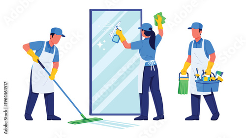 Clean Team at Work: A professional cleaning team diligently works, embodying efficiency and meticulousness, while striving for a spotless environment. 
