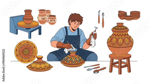 Crafting Artistry: A skilled artisan meticulously works on a clay vessel, showcasing the art of pottery creation, a testament to skill and creativity, surrounded by tools and works-in-progress.