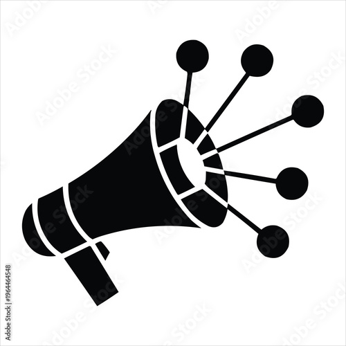 Simple black and white vector graphic of a megaphone broadcasting messages to multiple points.