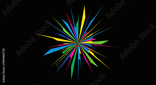 Abstract explosion of colorful sharp geometric shapes radiating from a central point on a black background