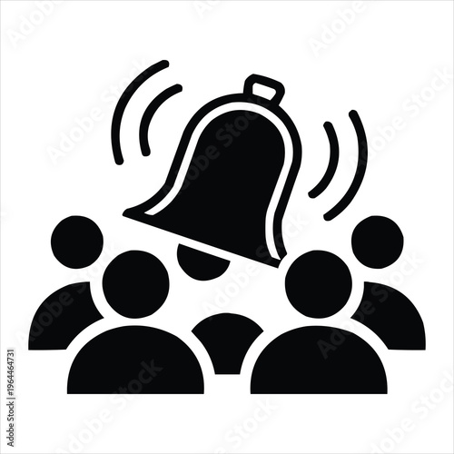 Icon of a ringing bell above a group of people, symbolizing public announcement or awareness.