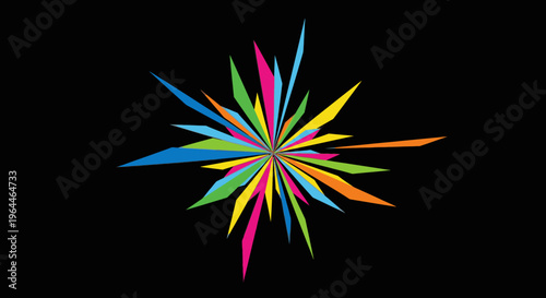 Dynamic abstract burst of bright, multi-colored geometric shards against a black backdrop, symbolizing innovation, celebration, and explosive energy.
