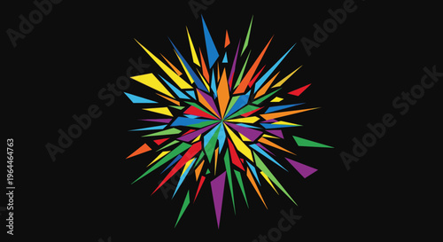 Colorful abstract explosion of geometric shapes and sharp shards radiating from a central point on a black background