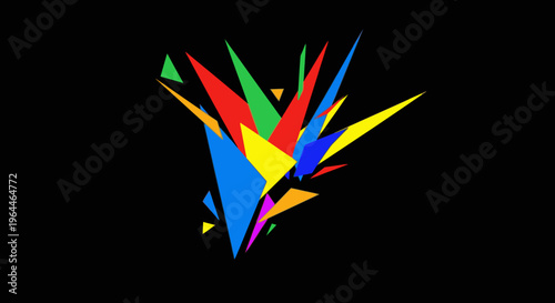 Vibrant abstract explosion of colorful geometric triangles on a black background, creating a dynamic and modern graphic design element.