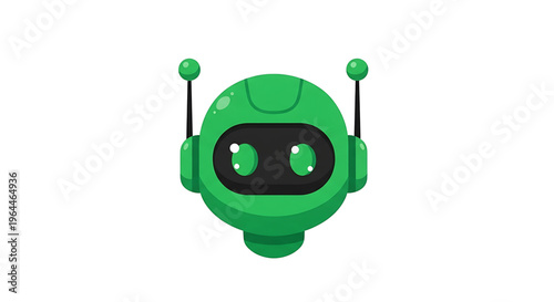 A green robot icon with a black face and antennae, designed as a modern vector graphic for technology and innovation concepts