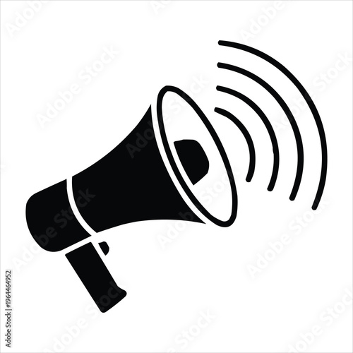Minimalist black and white vector illustration of a megaphone with radiating sound waves, symbolizing public announcement, communication, protest, and speaking out.