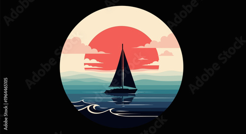 Sailboat navigating calm waters under a vibrant sunset sky.