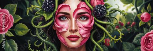 Enchanted floral portrait of woman with rose petal mask, blackberries and vines in lush fantasy garden, surreal botanical beauty art