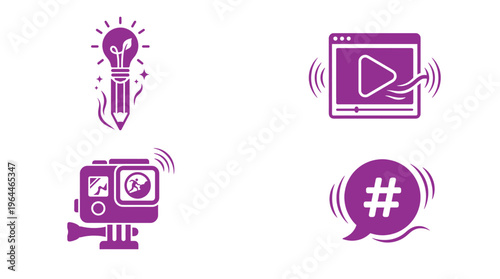 Innovative Content Creation Tools Featuring Idea Lightbulb Pencil Video Streaming Action Camera Recording and Social Media Hashtag Symbol Discussion