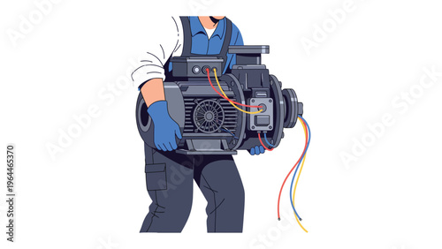 Industrial Technician: A skilled technician diligently carries a heavy-duty industrial motor, embodying expertise and reliability. The scene suggests dedication to craft and technological prowess