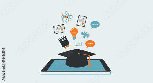 Online Learning with Graduation Cap Tablet and Communication Symbols in Bright Studio