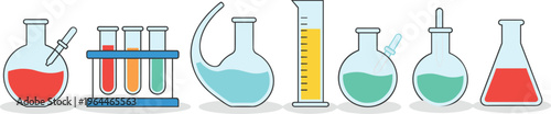 Set of laboratory glassware with colorful chemical liquids test tubes and flasks for science research education and medical experiment concept flat vector